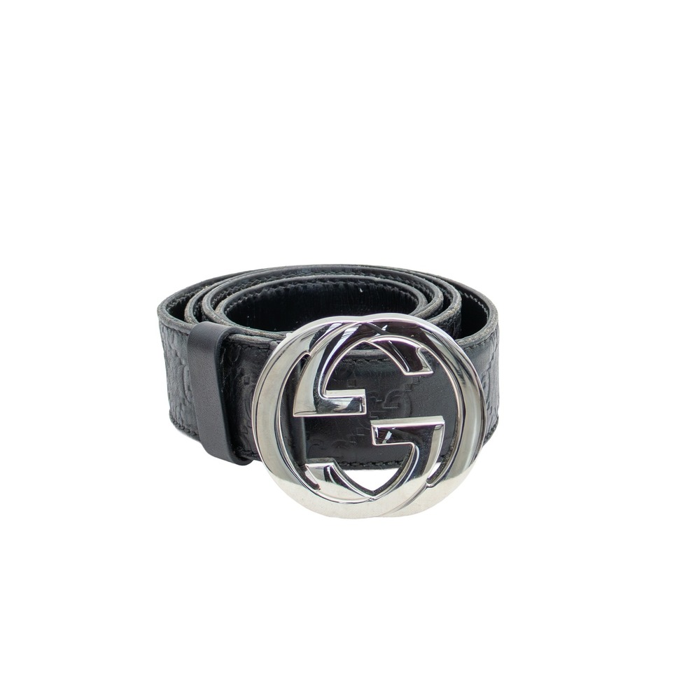 Gucci Men's Interlocking GG Belt Black Leather‎ Silver Buckle Size 95/38